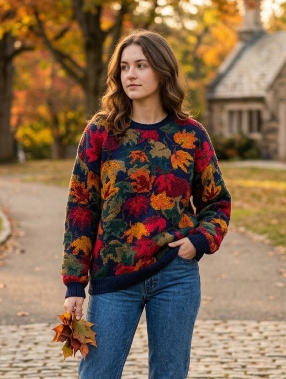 Vtg 90s Signatures by Northern Isles Hand Knit Fall Leaves Sweater XL